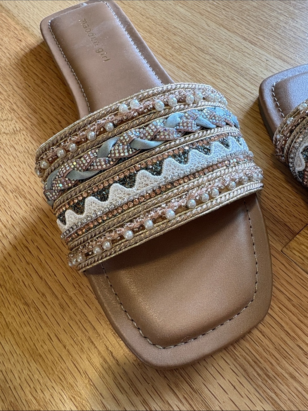 Madden Girl Tan and Light Blue Beaded Slide Sandals - Picture 3 of 5
